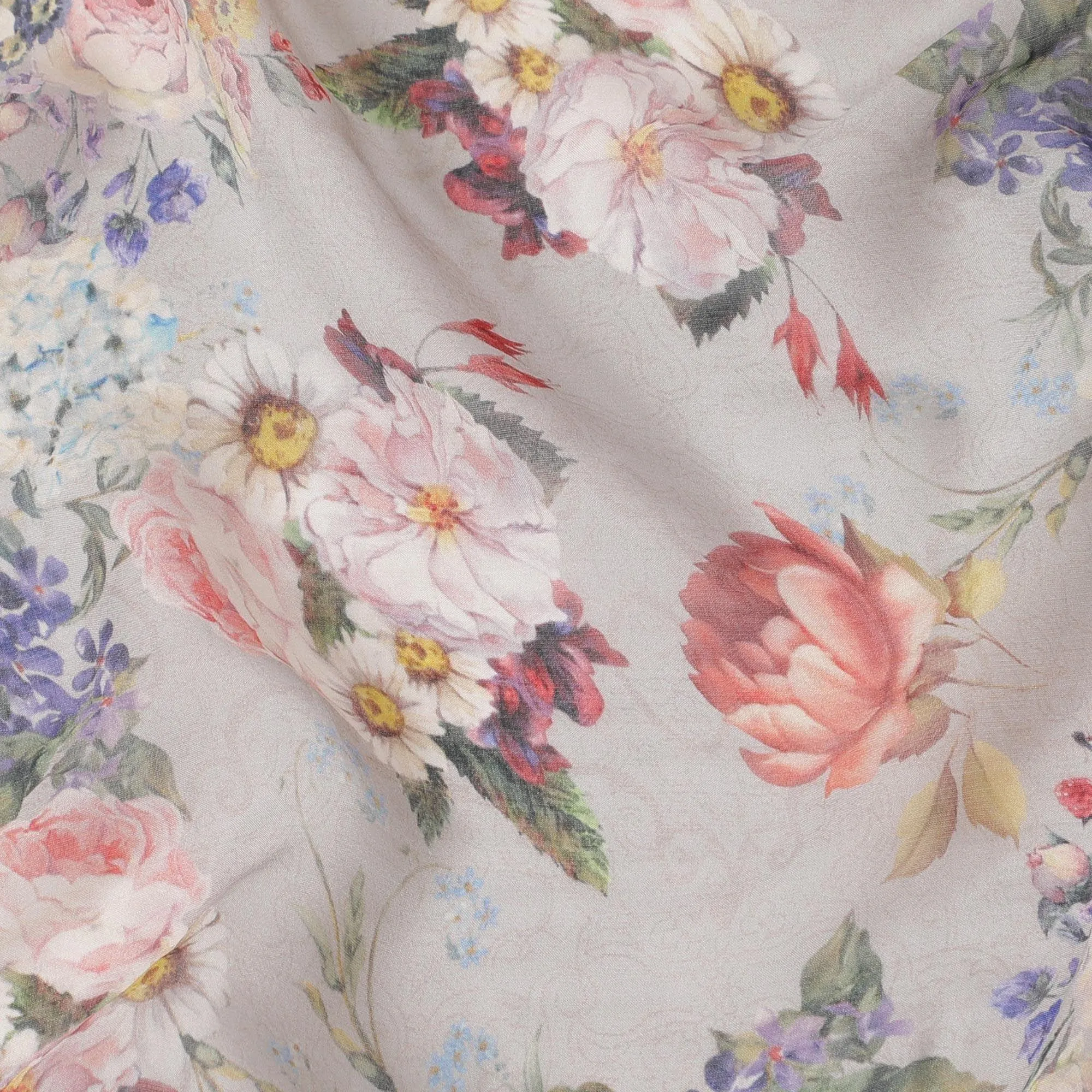 Harbor grey silk chiffon fabric with purple, olive green, beige and flamingo pink print in floral design-D6269