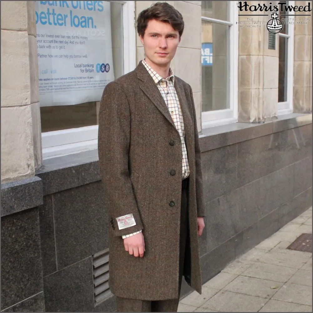 Harris Tweed Brown Herringbone Raglan Overcoat--