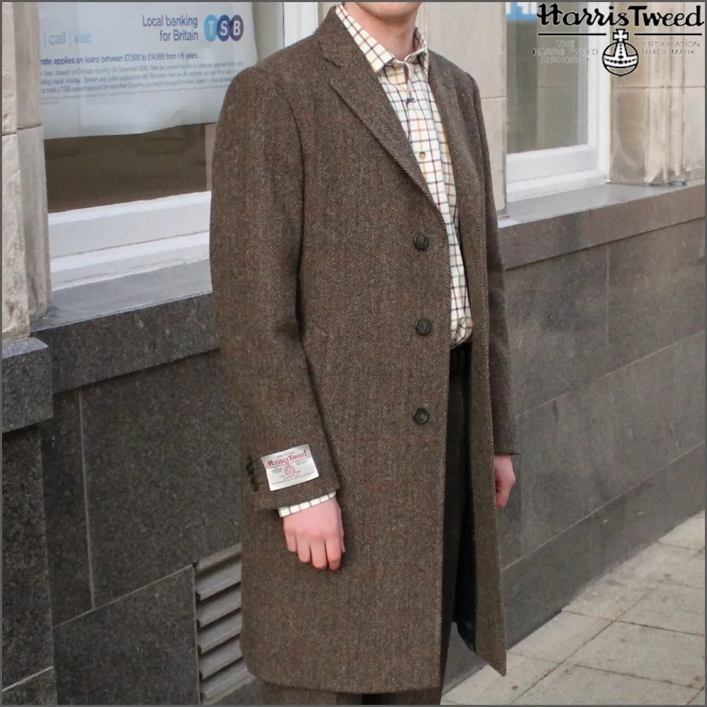 Harris Tweed Brown Herringbone Raglan Overcoat--