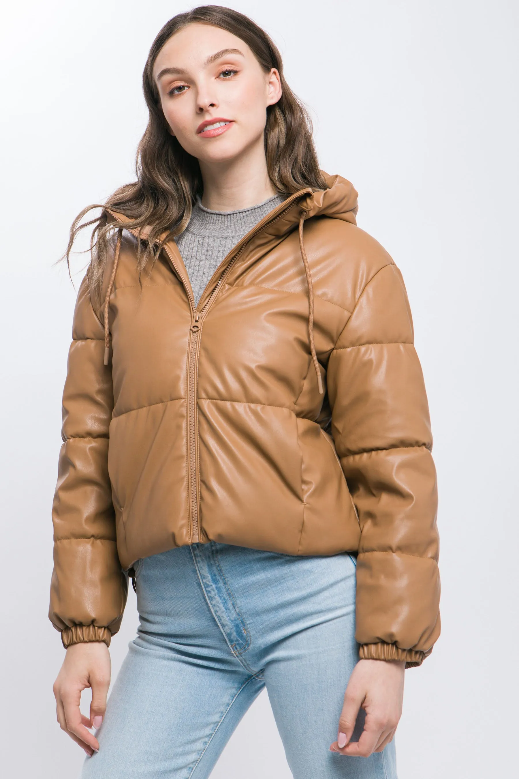 Hot Girl Faux Leather Zipper Hooded Puffer Jacket In Camel