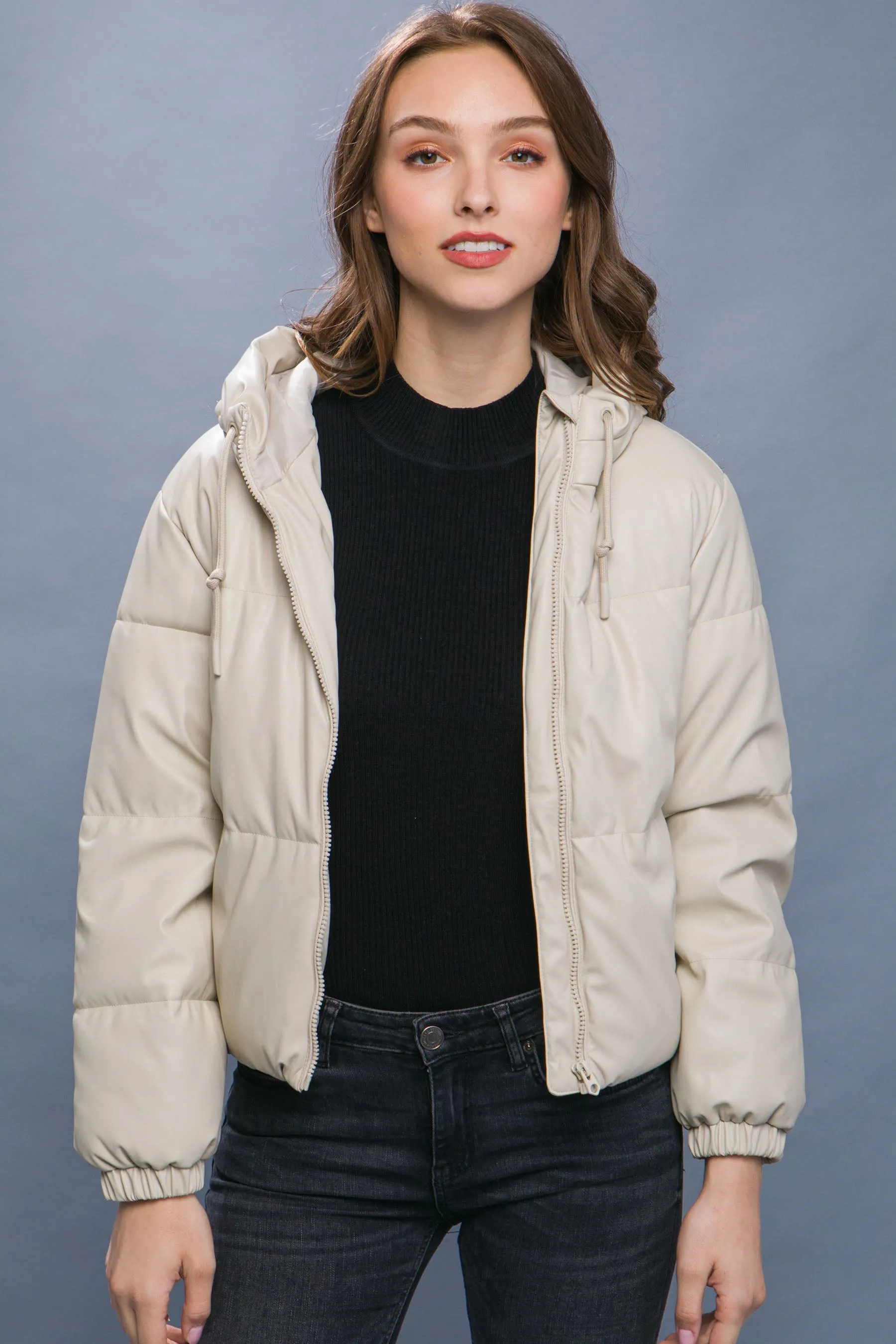 Hot Girl Faux Leather Zipper Hooded Puffer Jacket In Cream