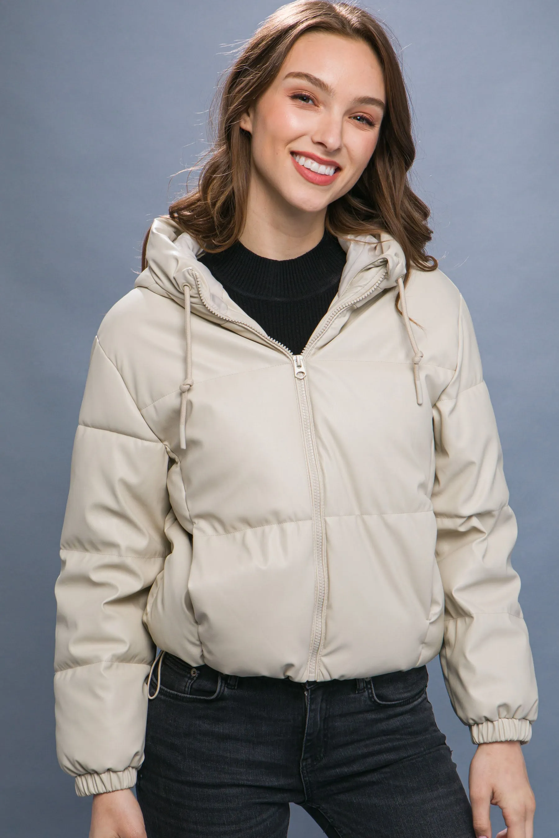 Hot Girl Faux Leather Zipper Hooded Puffer Jacket In Cream