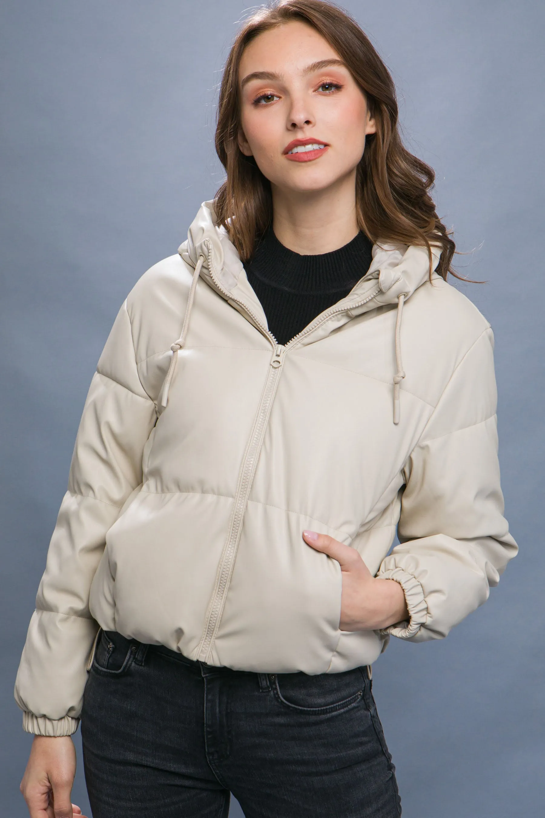 Hot Girl Faux Leather Zipper Hooded Puffer Jacket In Cream