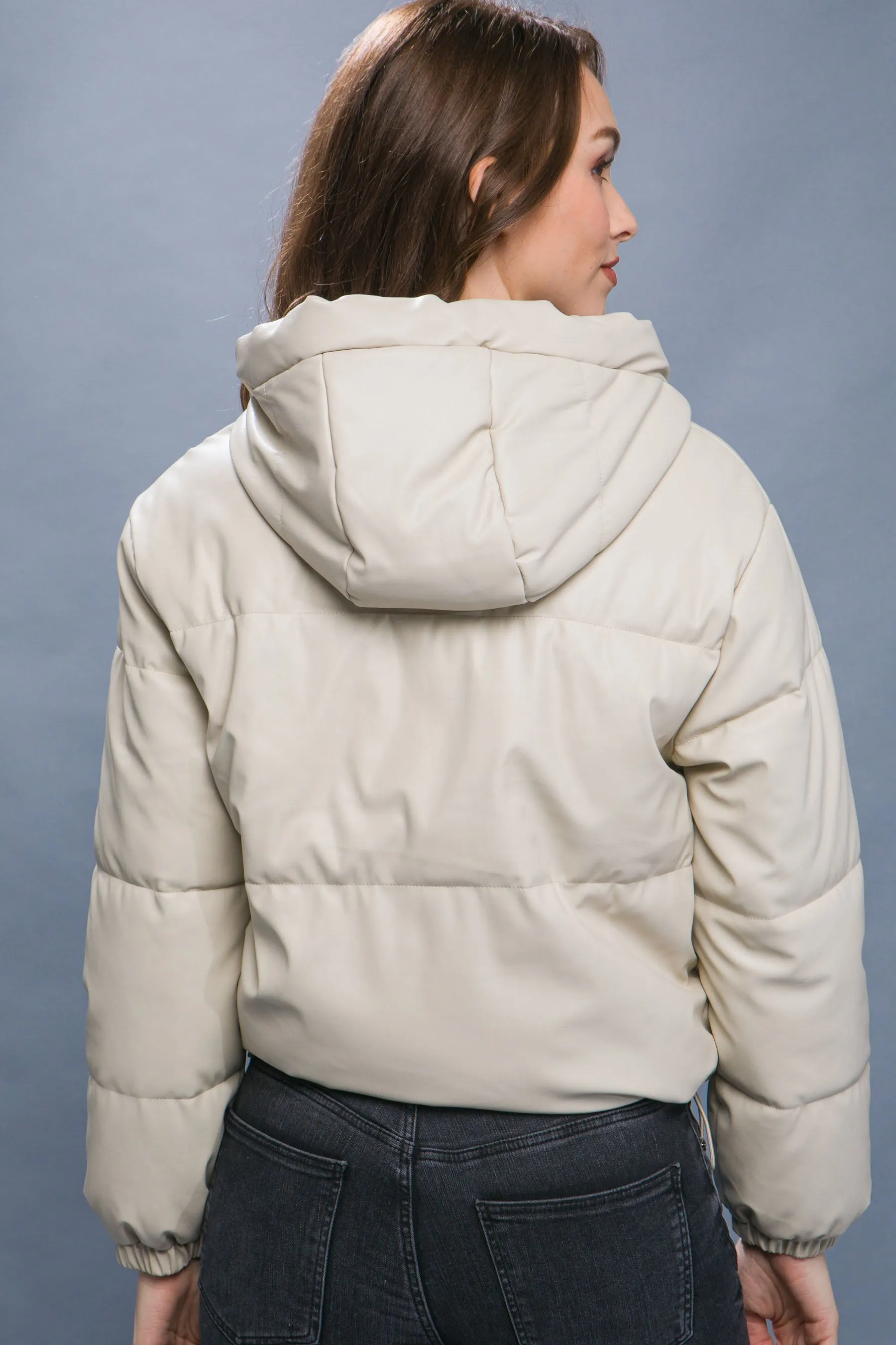 Hot Girl Faux Leather Zipper Hooded Puffer Jacket In Cream