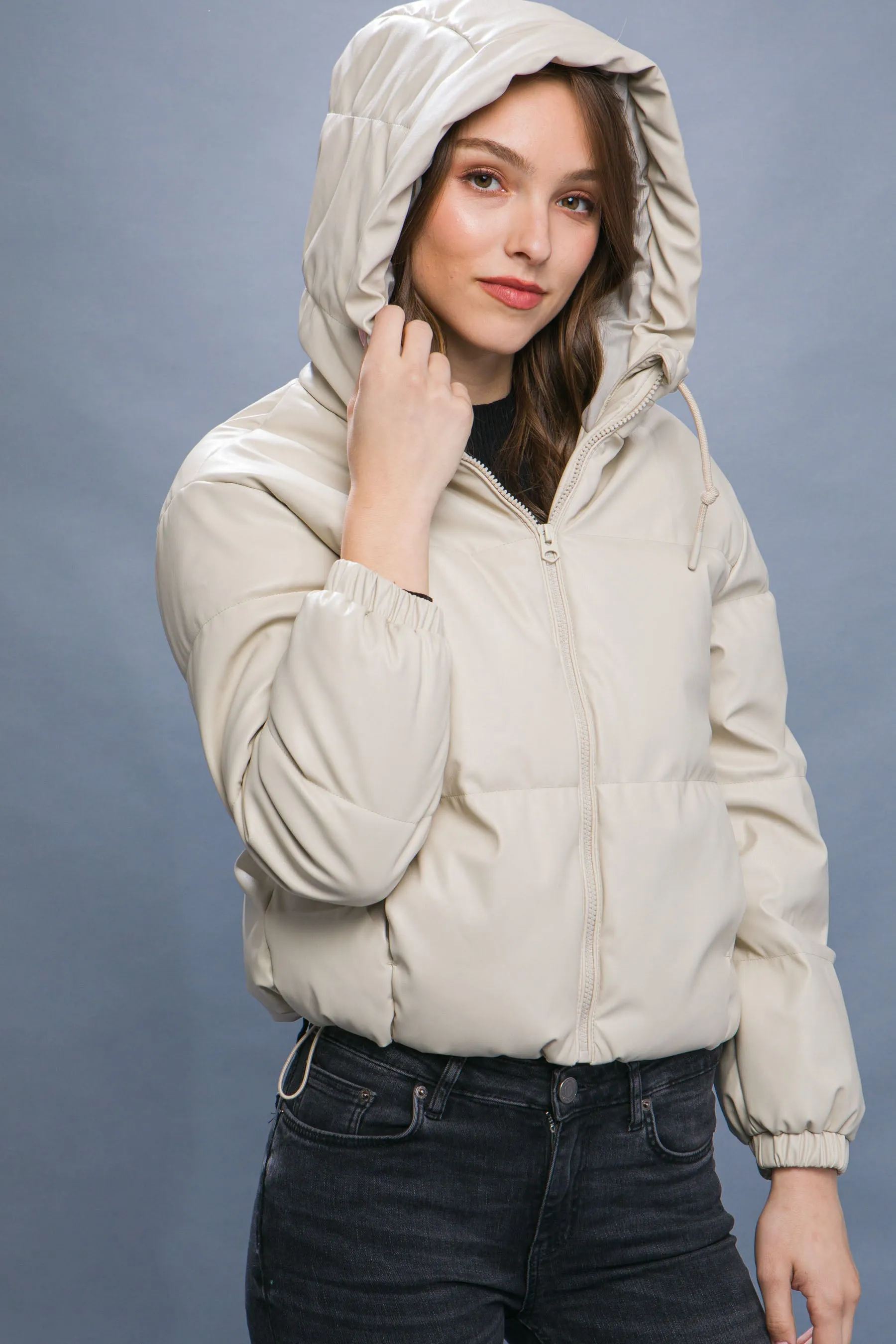 Hot Girl Faux Leather Zipper Hooded Puffer Jacket In Cream