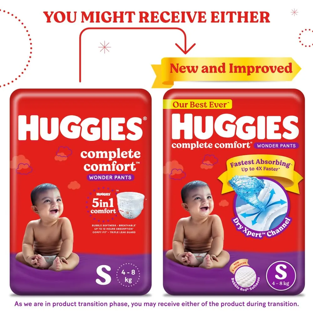 Huggies Complete Comfort Wonder Pants Small (S) Size (4-8 Kgs) Baby Diaper Pants, 172 count| India's Fastest Absorbing Diaper with upto 4x faster absorption | Unique Dry Xpert Channel