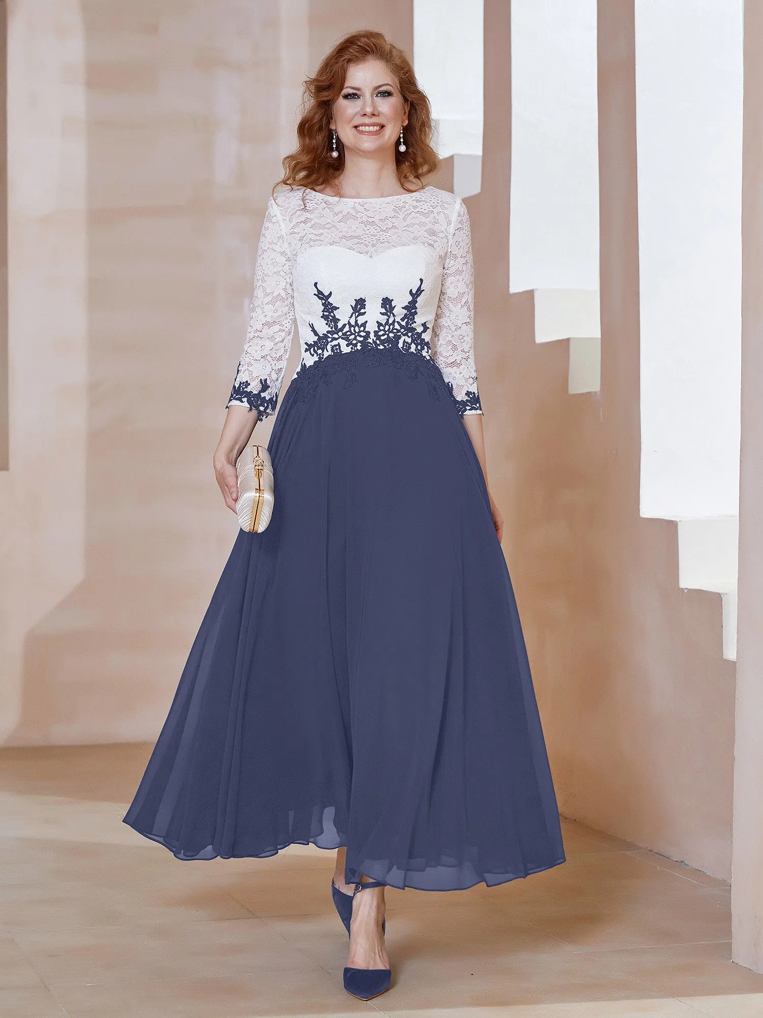 Illusion Neckline Applique Long Sleeves Dress Stormy