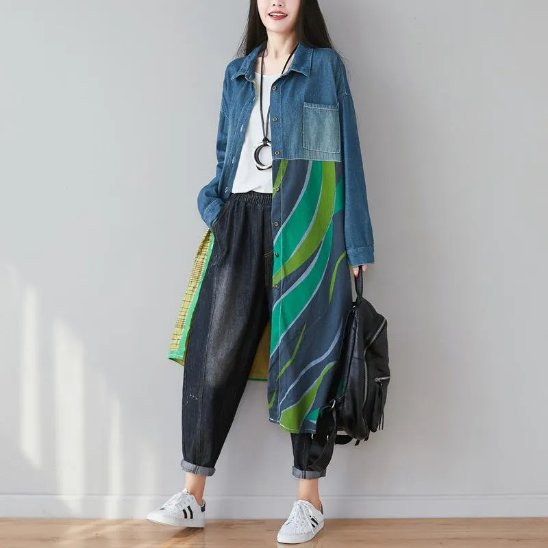 Irregular Split Jointing Denim Women Long Shirts