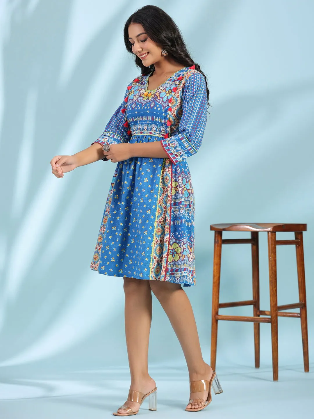 Jashvi Blue Floral Printed Pure Cotton Dress With Beads & sequins Work