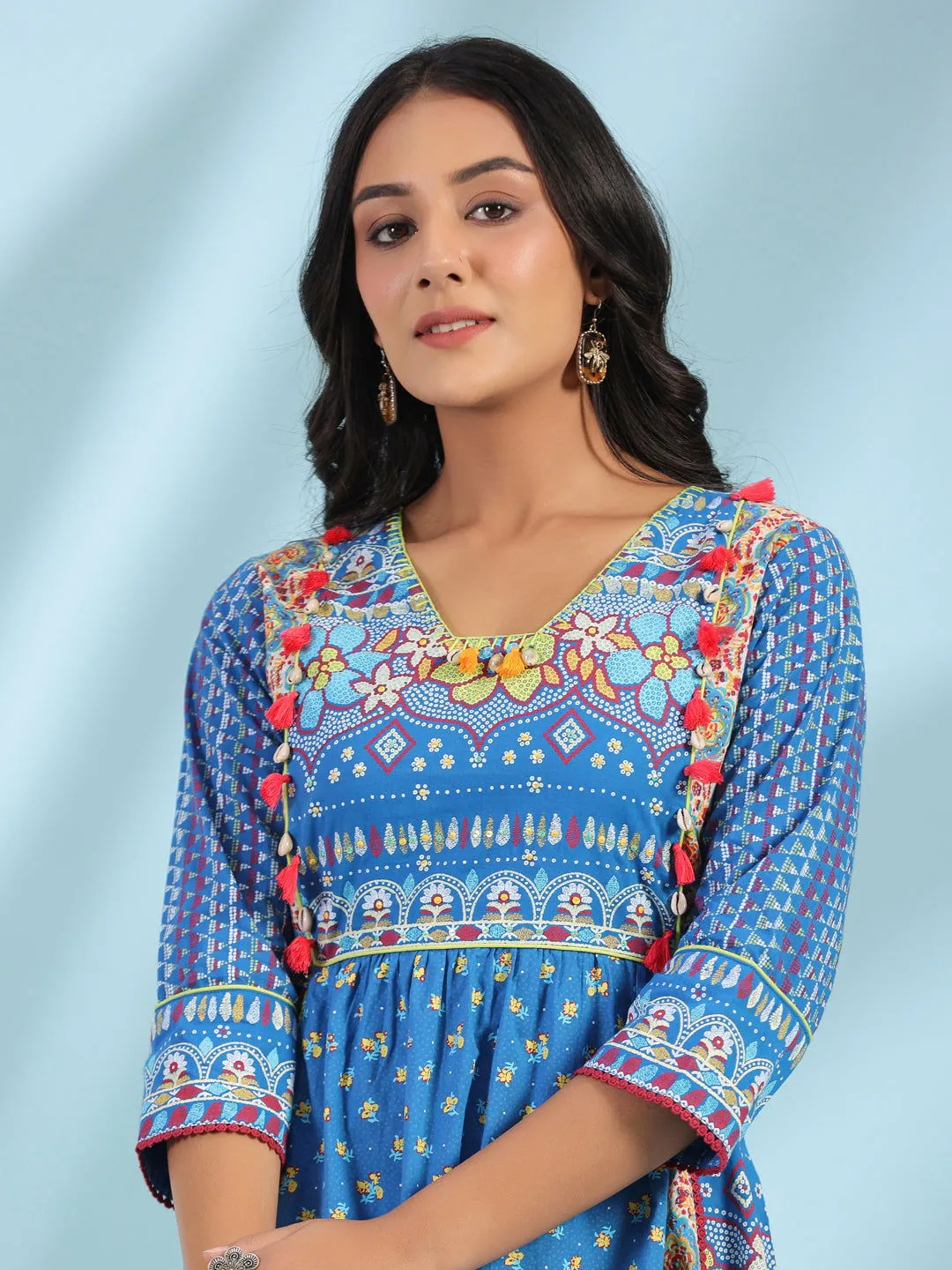 Jashvi Blue Floral Printed Pure Cotton Dress With Beads & sequins Work