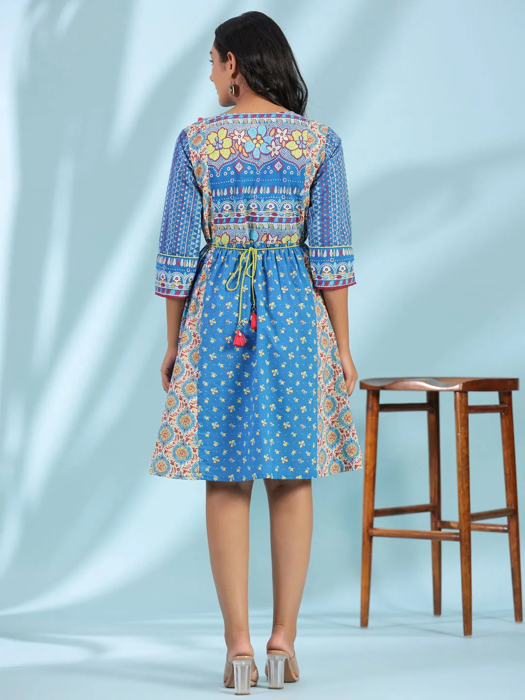 Jashvi Blue Floral Printed Pure Cotton Dress With Beads & sequins Work