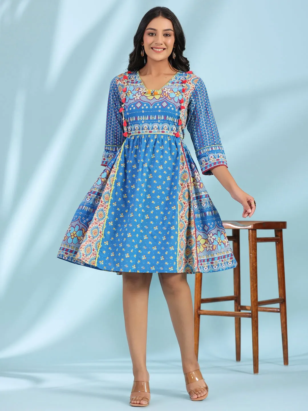 Jashvi Blue Floral Printed Pure Cotton Dress With Beads & sequins Work