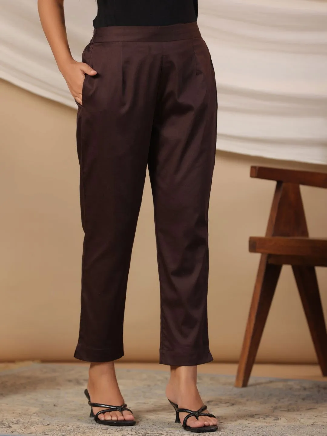 Jashvi Brown Solid Lycra Women Drawstring Pants With Single Side Pocket