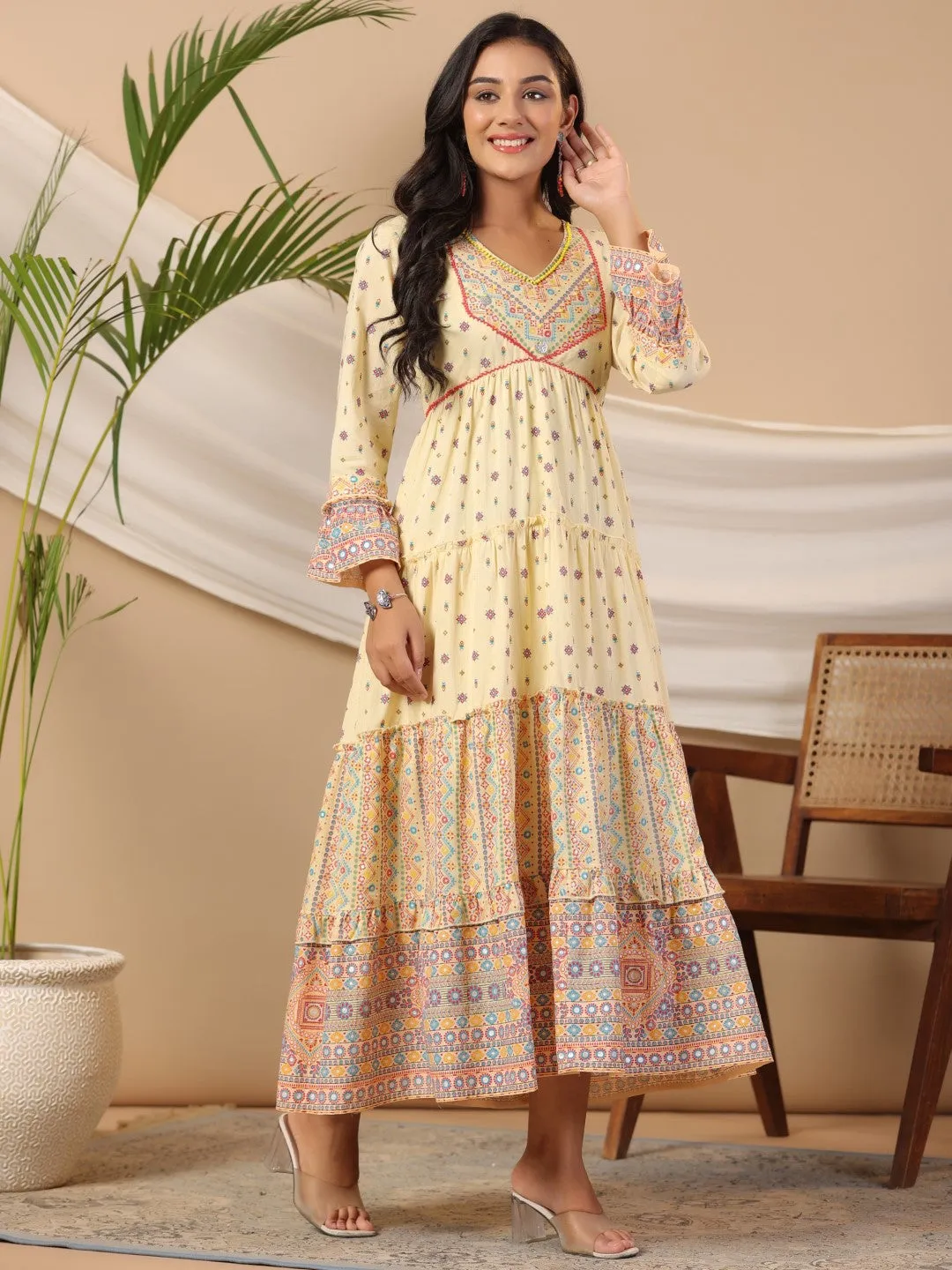 Jashvi Ivory Tribal Printed Pure Cotton Alia Cut Dress With Beads Work