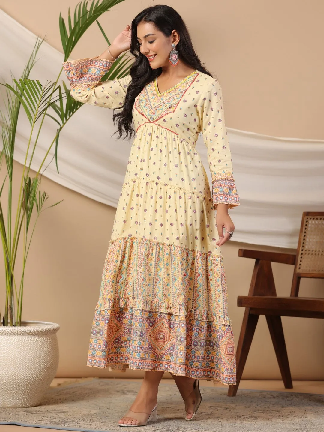 Jashvi Ivory Tribal Printed Pure Cotton Alia Cut Dress With Beads Work