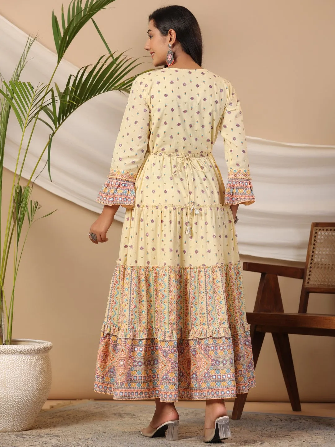 Jashvi Ivory Tribal Printed Pure Cotton Alia Cut Dress With Beads Work