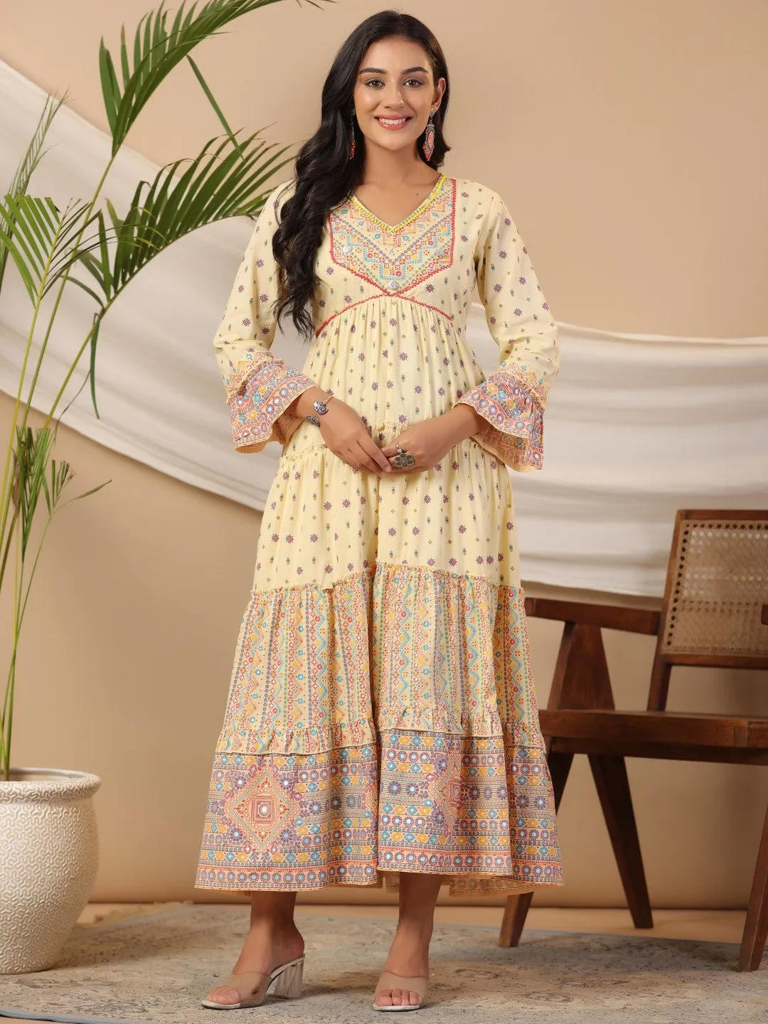 Jashvi Ivory Tribal Printed Pure Cotton Alia Cut Dress With Beads Work