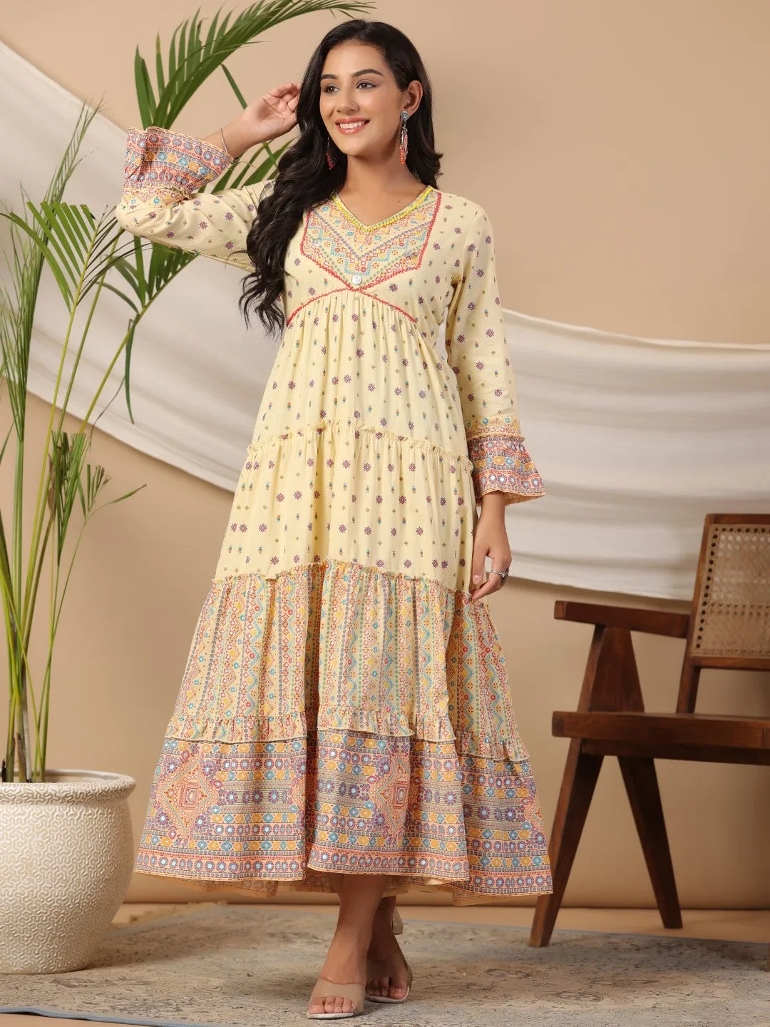 Jashvi Ivory Tribal Printed Pure Cotton Alia Cut Dress With Beads Work