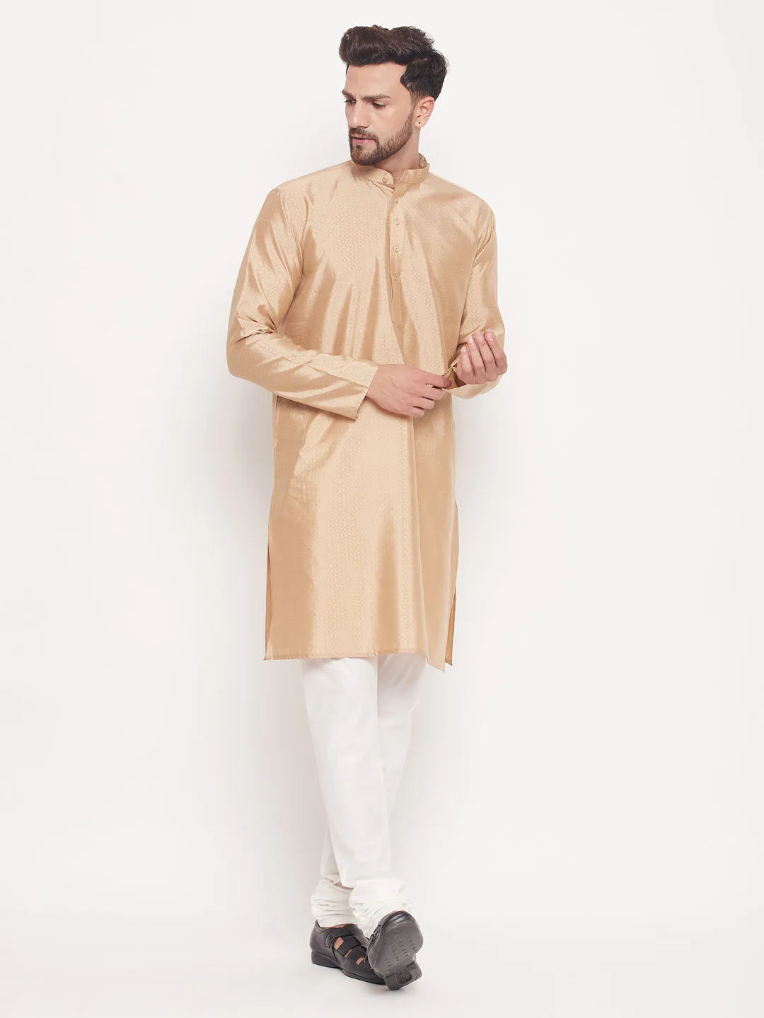 Jashvi Men's Beige Square Woven Design Silk Blend Kurta With Cream Pyjama Set