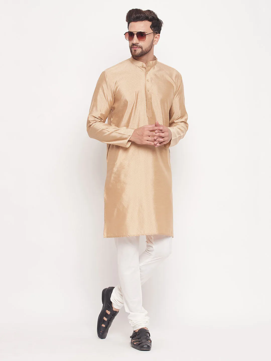 Jashvi Men's Beige Square Woven Design Silk Blend Kurta With Cream Pyjama Set