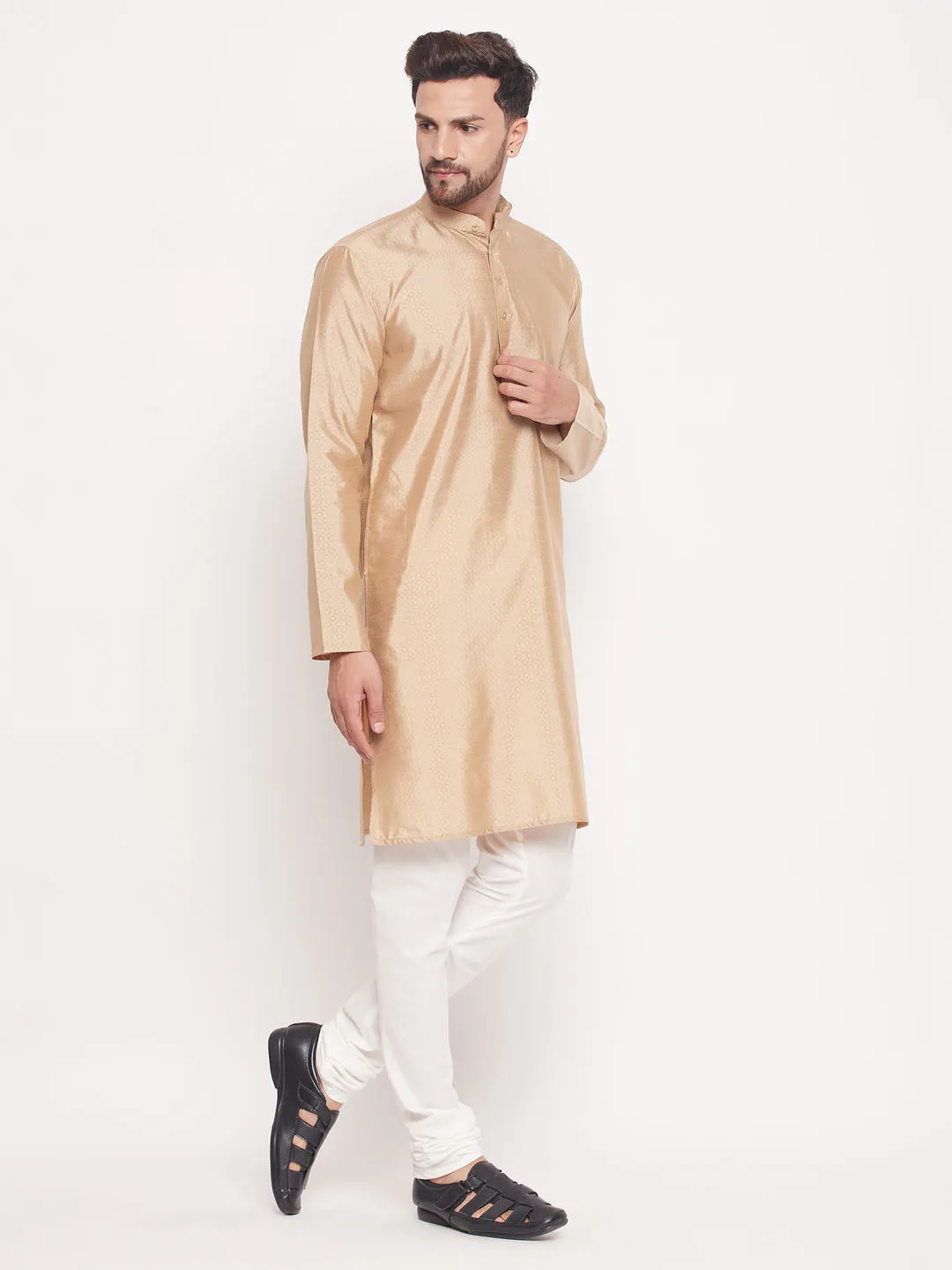 Jashvi Men's Beige Square Woven Design Silk Blend Kurta With Cream Pyjama Set