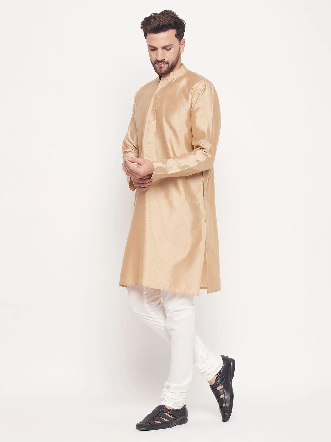 Jashvi Men's Beige Square Woven Design Silk Blend Kurta With Cream Pyjama Set