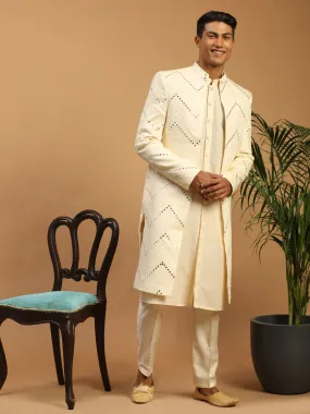 Jashvi Men's Cream Solid Kurta Pant Set With Mirror Over Coat Combo Set