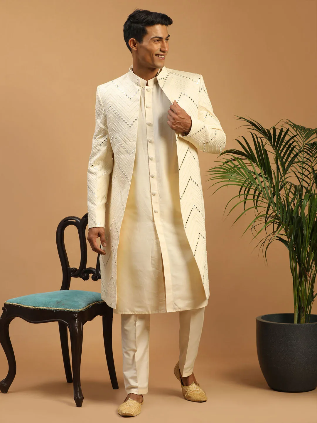 Jashvi Men's Cream Solid Kurta Pant Set With Mirror Over Coat Combo Set