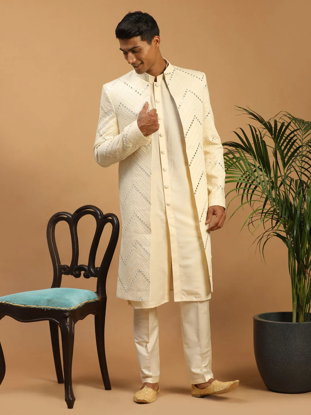 Jashvi Men's Cream Solid Kurta Pant Set With Mirror Over Coat Combo Set