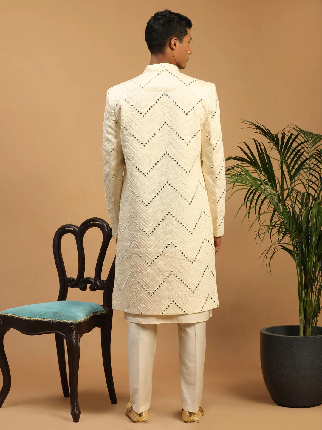 Jashvi Men's Cream Solid Kurta Pant Set With Mirror Over Coat Combo Set