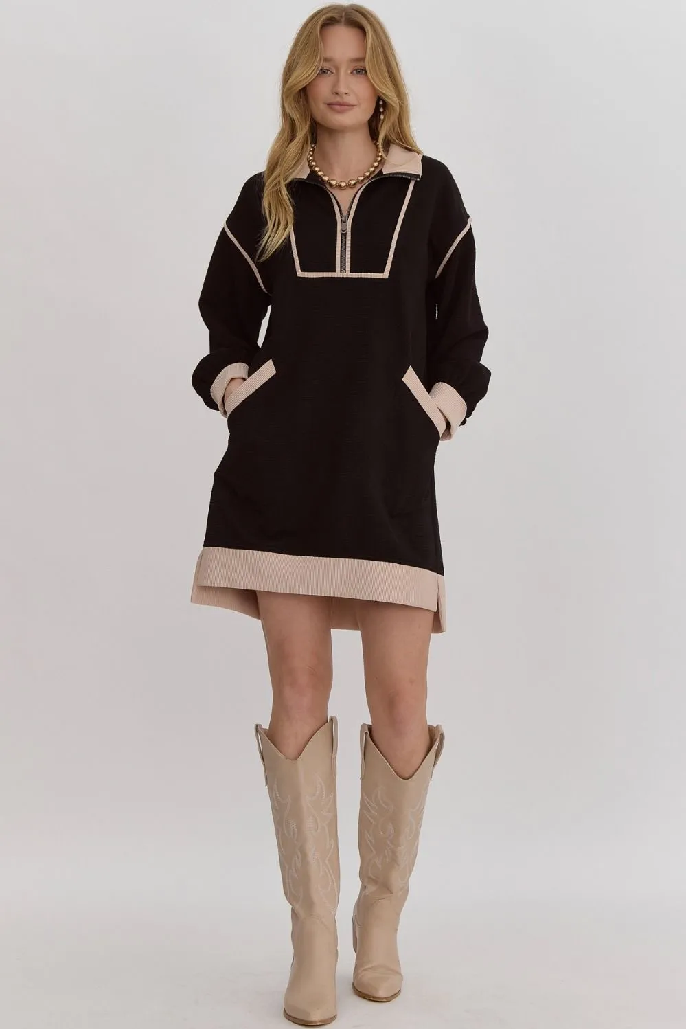 Joseph Solid Ribbed Zip Up Long Sleeve Collared Dress  *FINAL SALE*