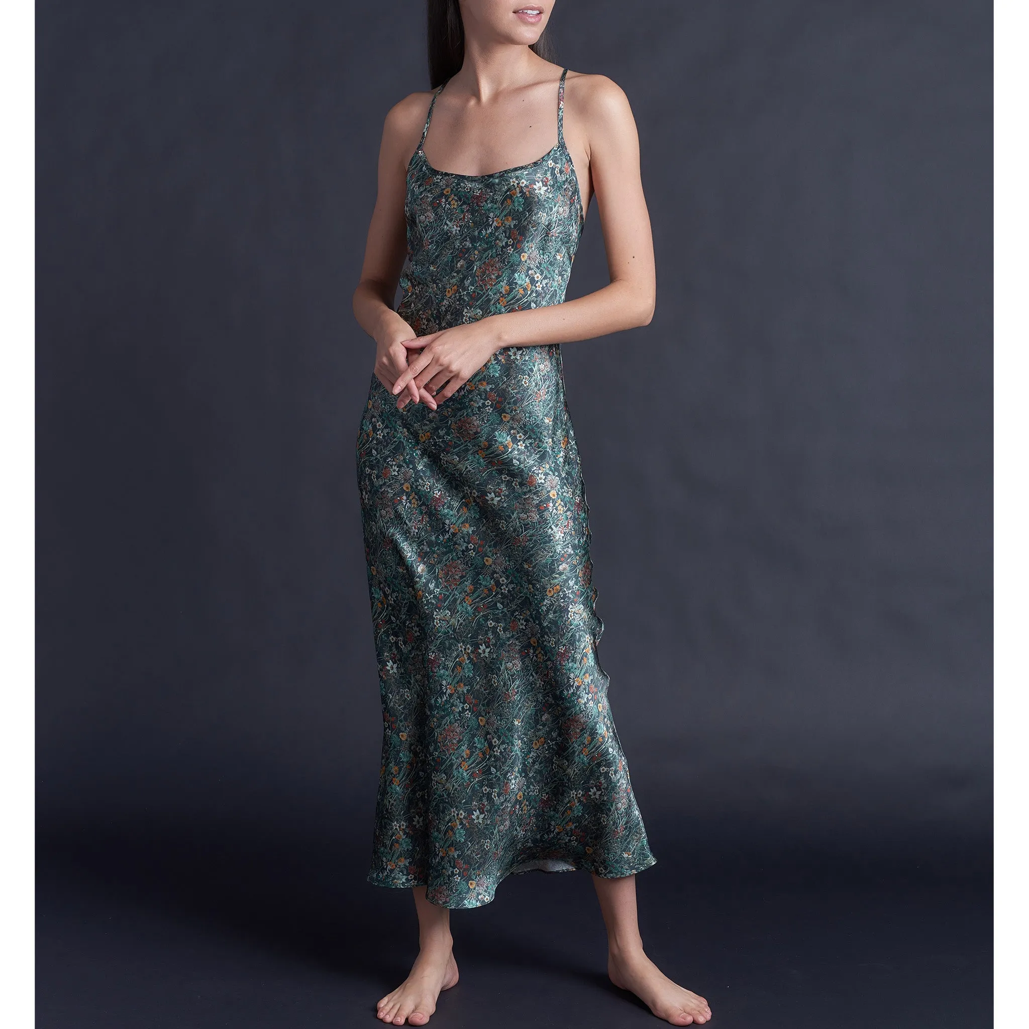 Juno Slip Dress in Emerald Wildflowers Liberty Print Silk Satin