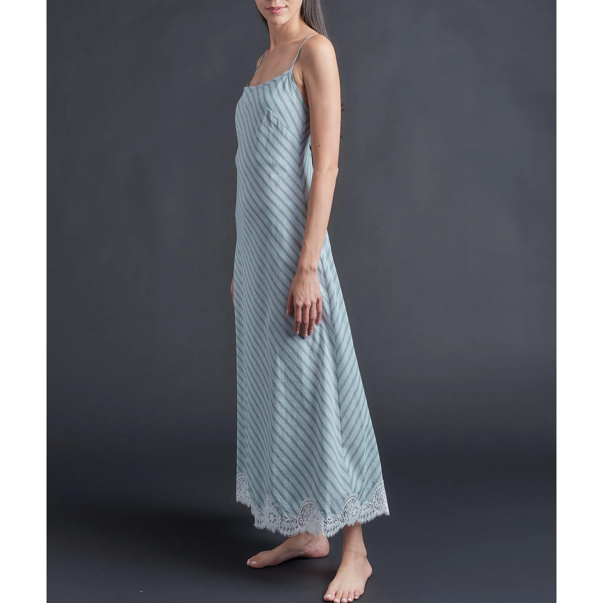 Juno Slip Dress in Italian Cotton Green Blue Stripe with Lace