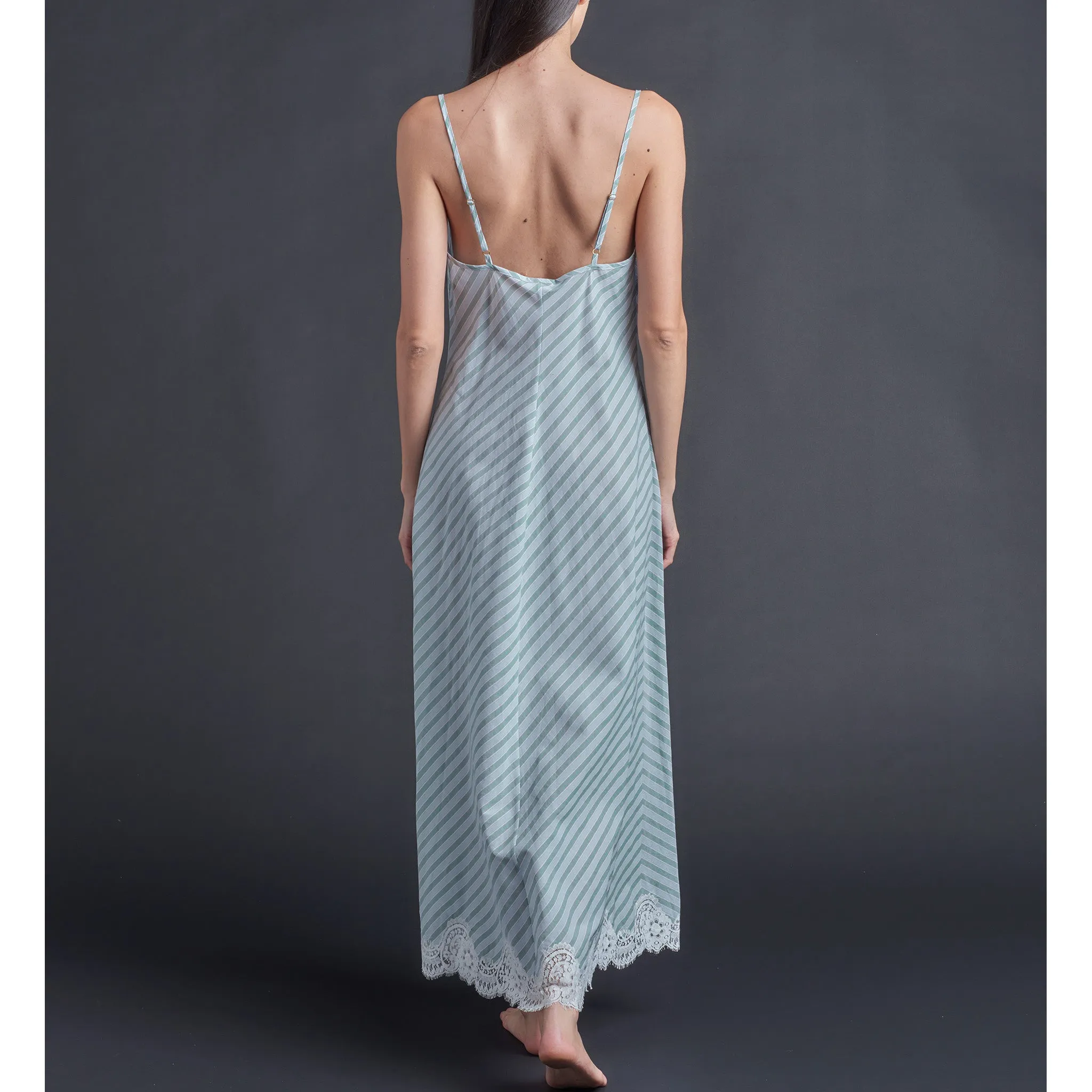 Juno Slip Dress in Italian Cotton Green Blue Stripe with Lace