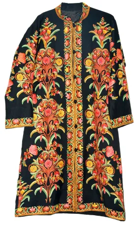 Kashmiri Woolen Coat Black, Multicolor Embroidery #AO-146