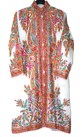 Kashmiri Woolen Coat Off-White, Multicolor Embroidery #AO-180