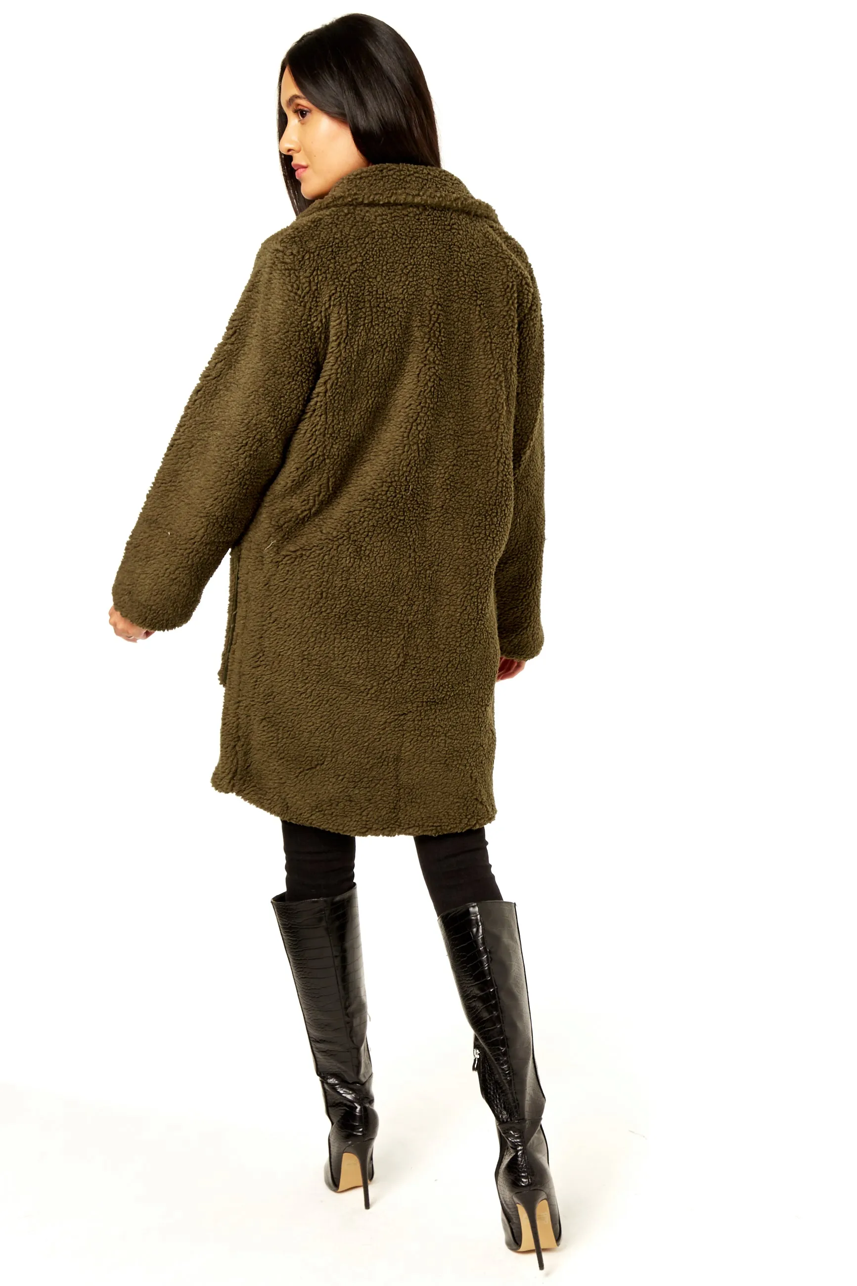 Khaki Faux Fur Longline Teddy Overcoat