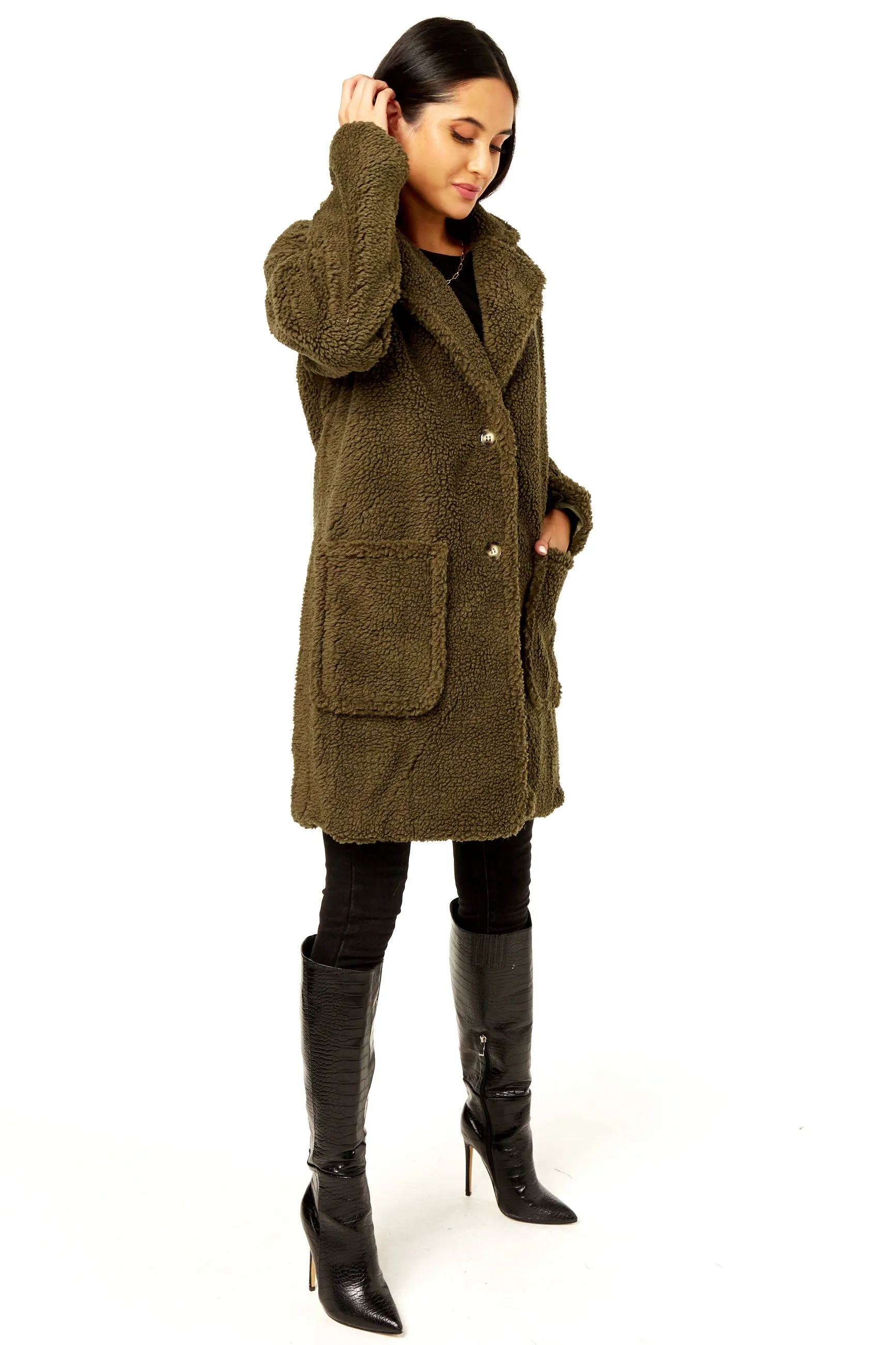 Khaki Faux Fur Longline Teddy Overcoat