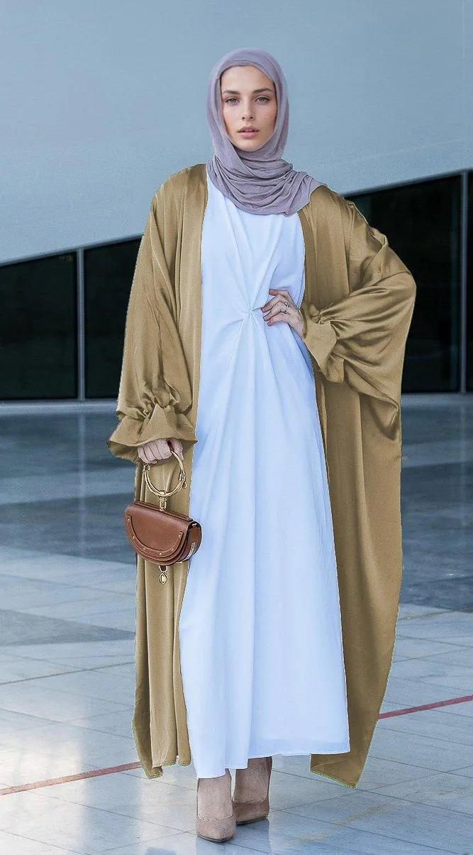 Khaki Loves open front maxi satin abaya throw over