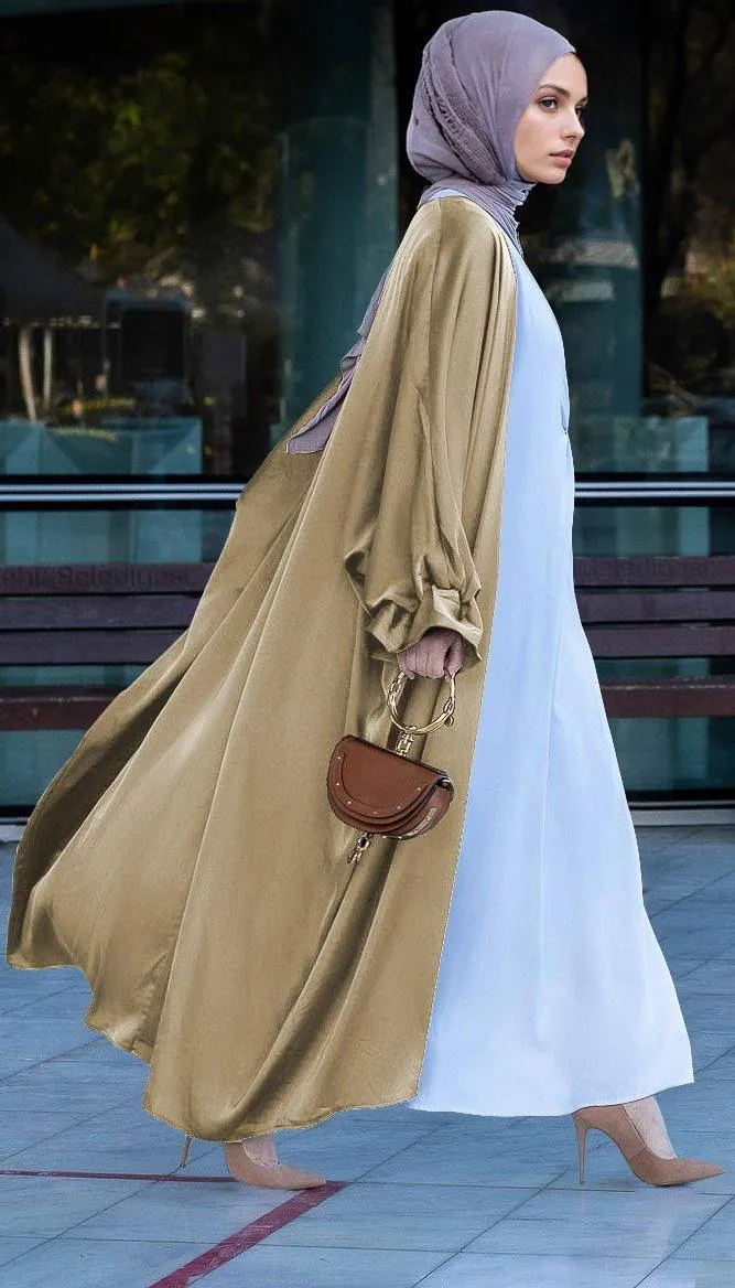 Khaki Loves open front maxi satin abaya throw over