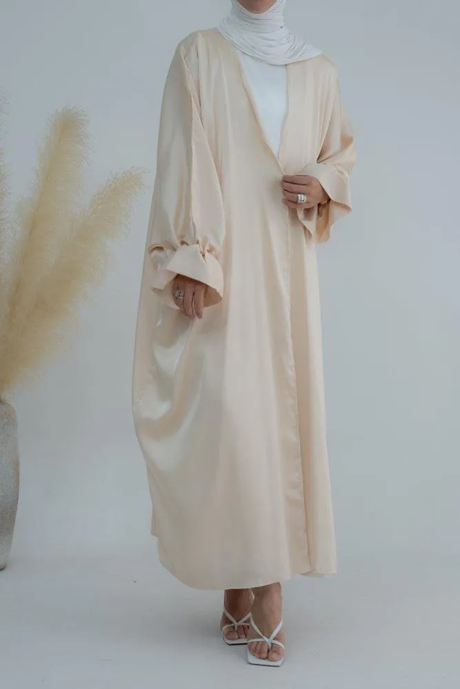 Khaki Loves open front maxi satin abaya throw over