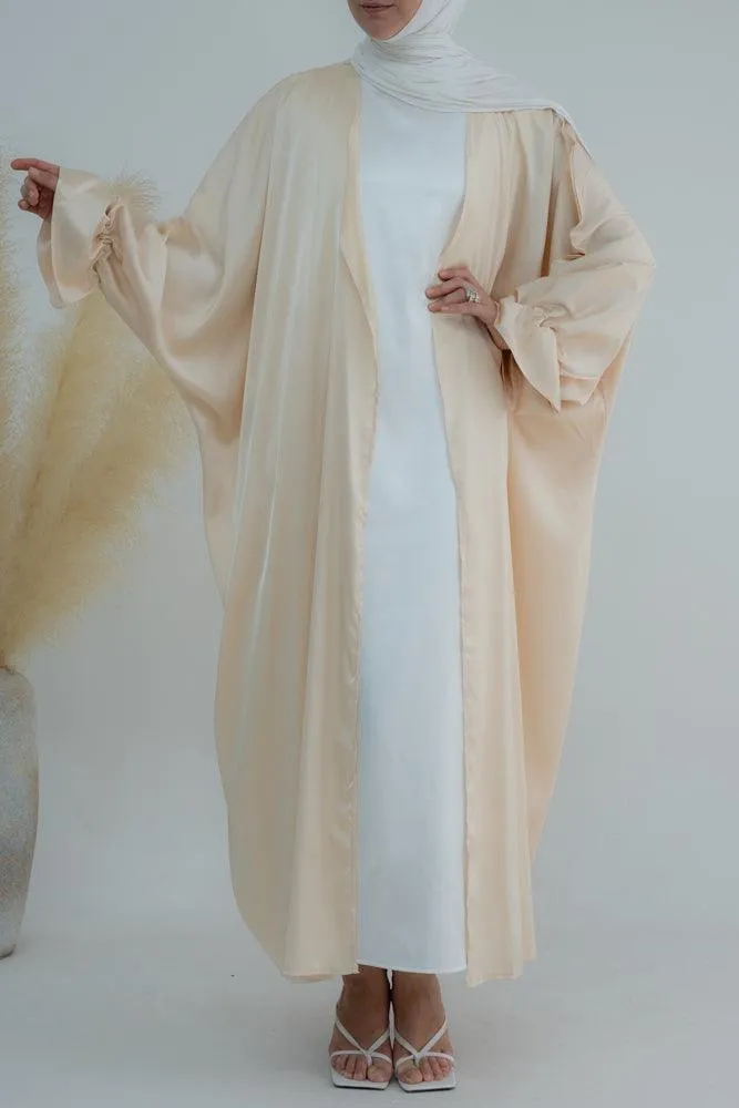 Khaki Loves open front maxi satin abaya throw over