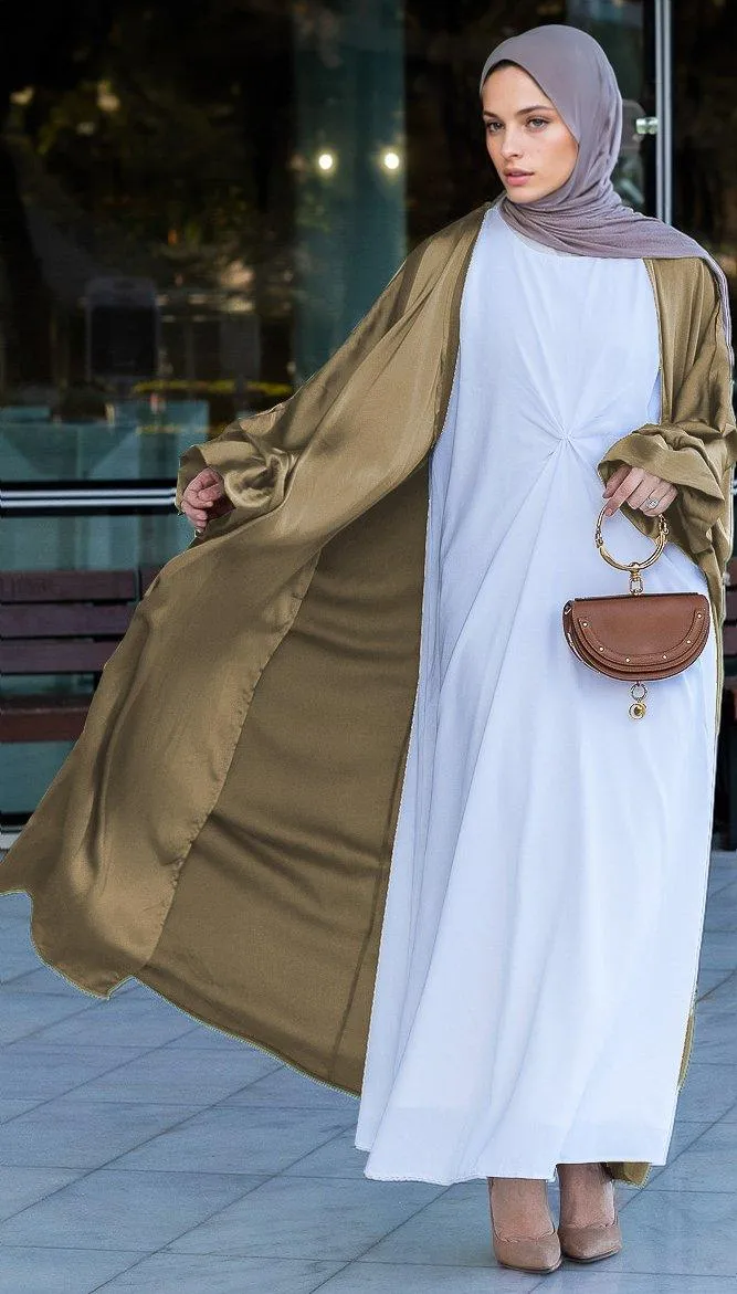 Khaki Loves open front maxi satin abaya throw over