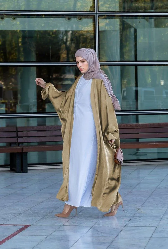 Khaki Loves open front maxi satin abaya throw over