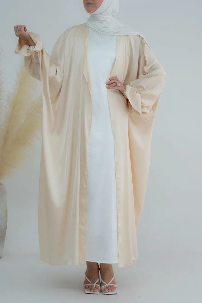 Khaki Loves open front maxi satin abaya throw over