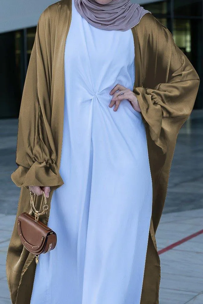 Khaki Loves open front maxi satin abaya throw over