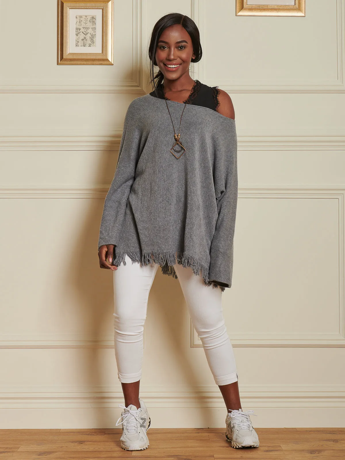 Knitted Fringe Detail Jumper, Grey