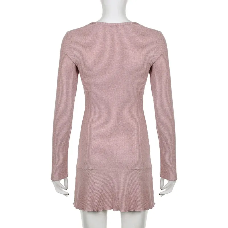 Korean Square Neck Pink Autumn Dress Women Sweet Fold Coquette Clothes Slim Basic Knit Mini Dress Elegant Stylish