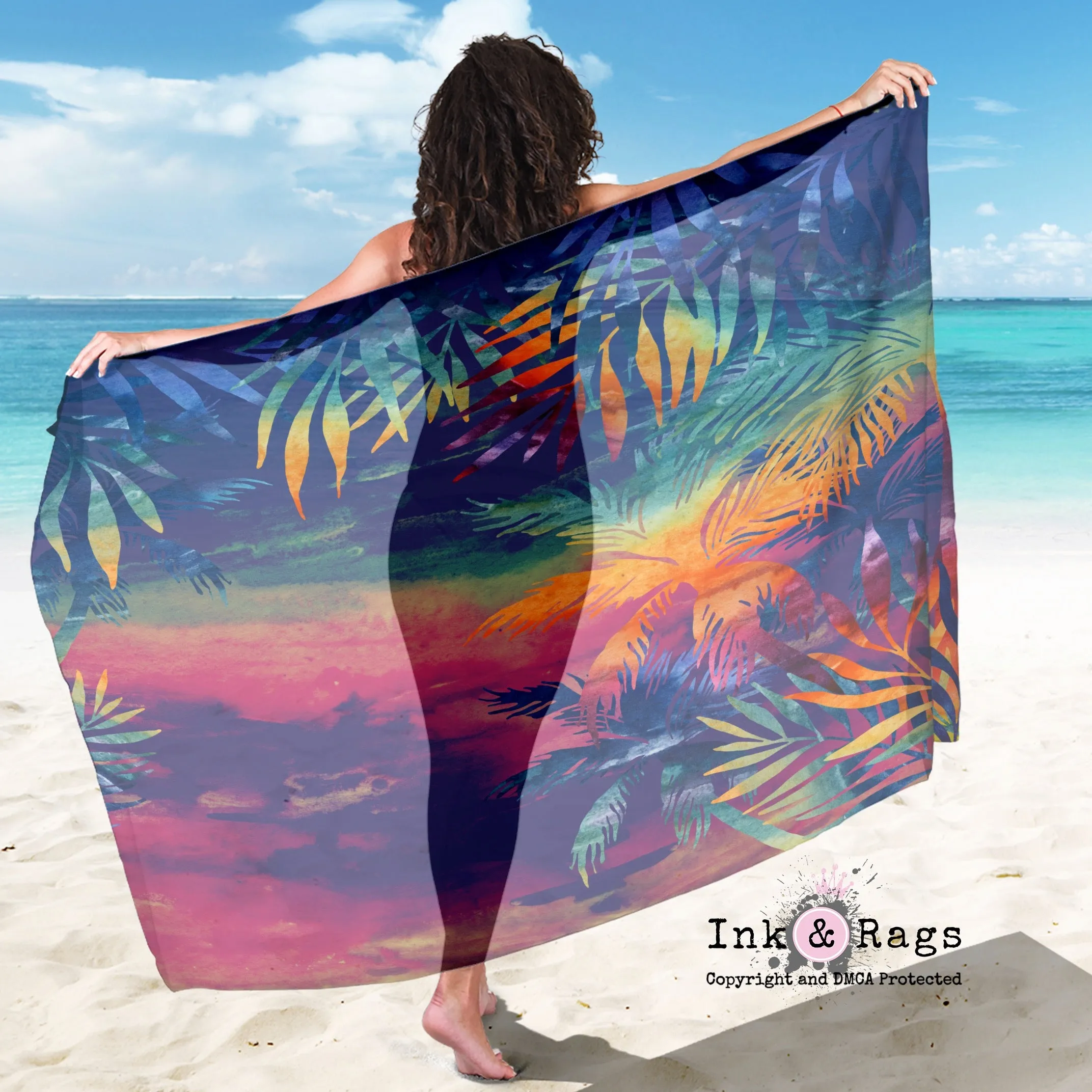 Large Sheer Abstract Tropical Sunset Scarf, Sarong, Shawl