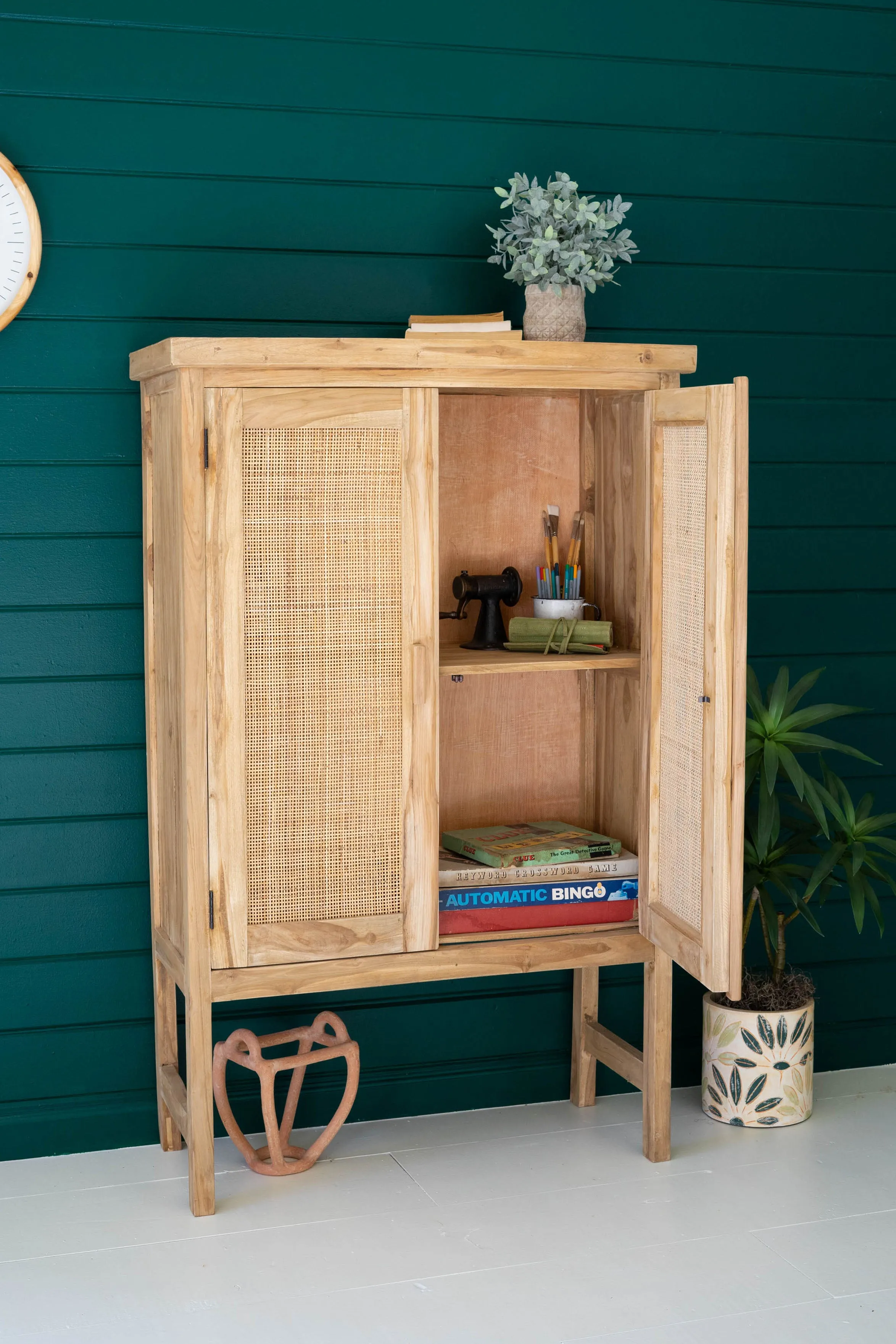 Large Two Door Wooden Cabinet With  Woven Cane Detail